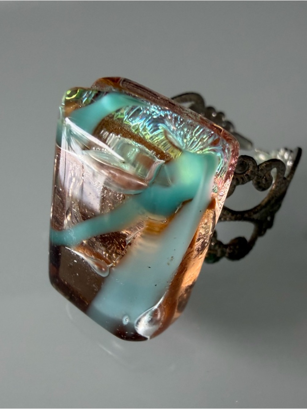 Vintage Style  Glass Statement Ring with Aqua and Peach stone.